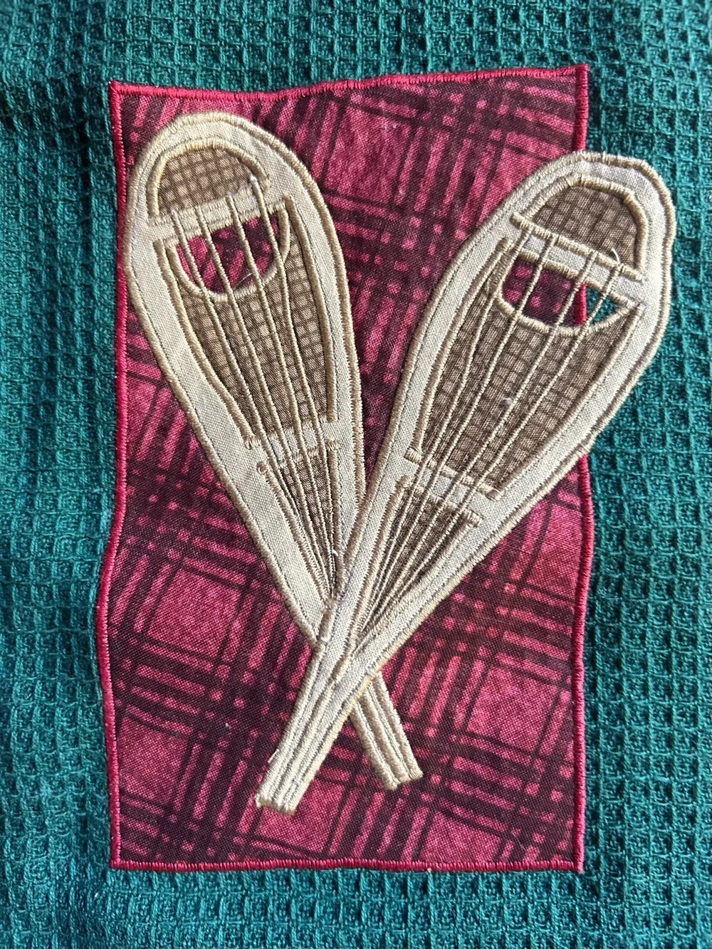 Green Waffle Weave Kitchen Towel with Appliqué Snowshoe Patch